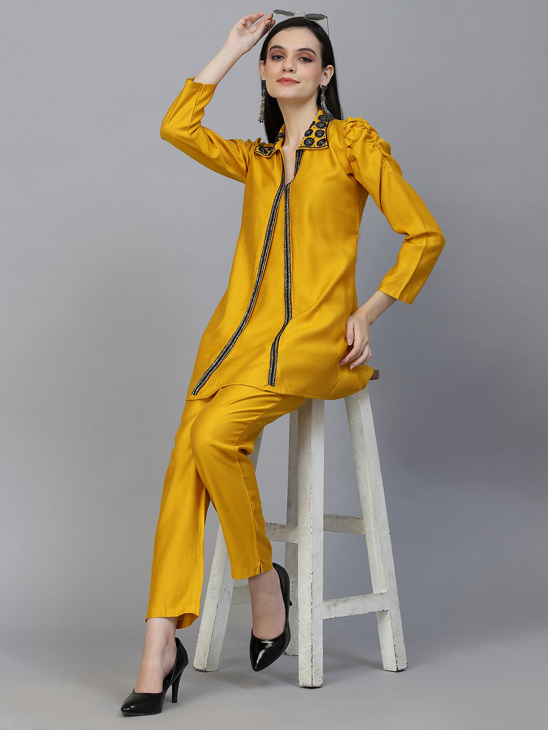 Mustard Color Hand Embroidered Viscose Rayon Ready Made Co-Ord Set