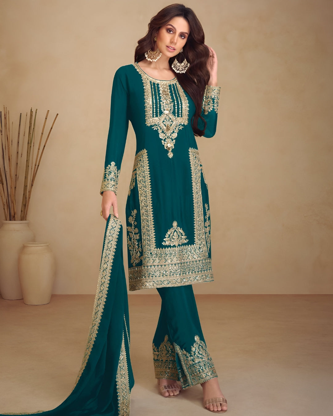Emerald Teal Embroidered Real Chinon Readymade Pakistani Salwar Suit