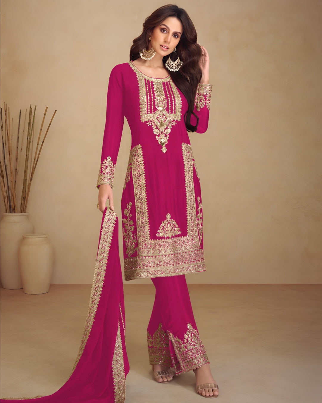 Rani Pink Embroidered Real Chinon Readymade Pakistani Salwar Suit