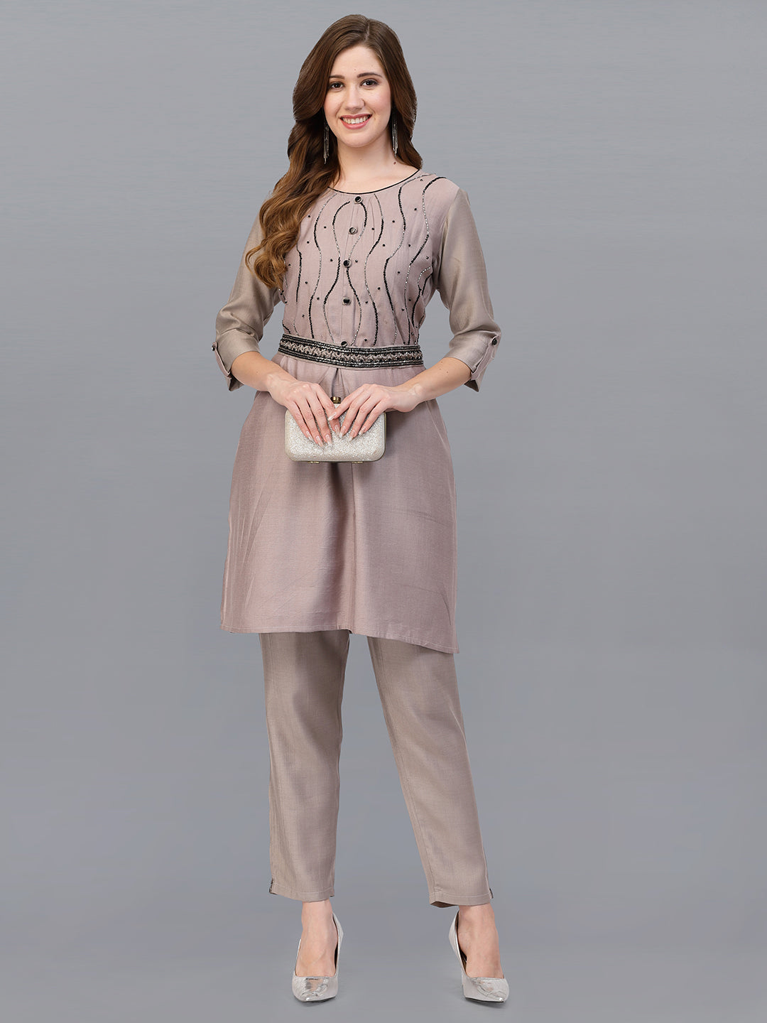 Light Grey Hand Embroidered Viscose Rayon Readymade Co-Ord Set