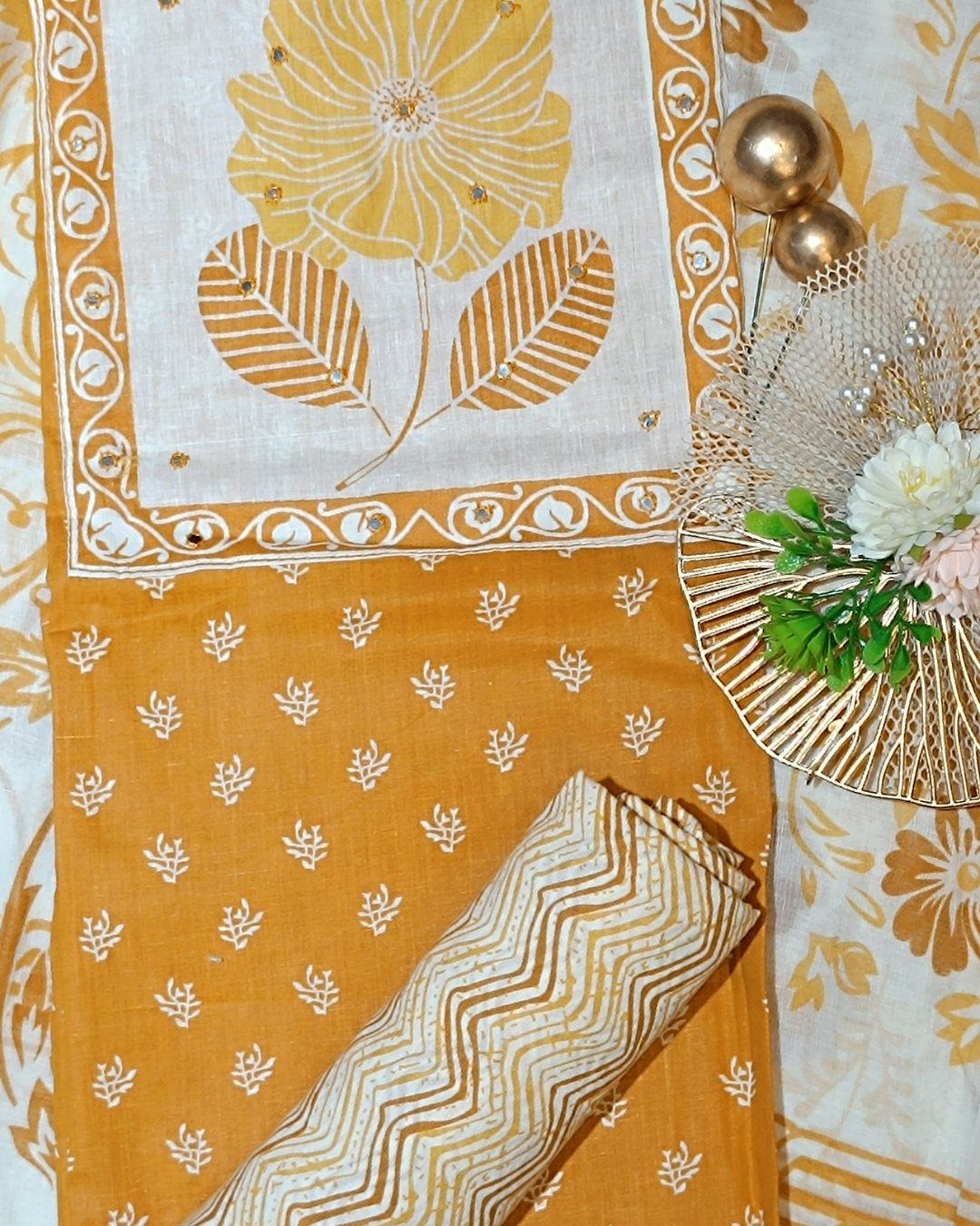 Light Yellow Mal Cotton printed fabric Unstitched Salwar Suit