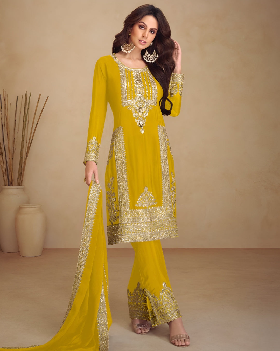Yellow Embroidered Real Chinon Readymade Pakistani Salwar
