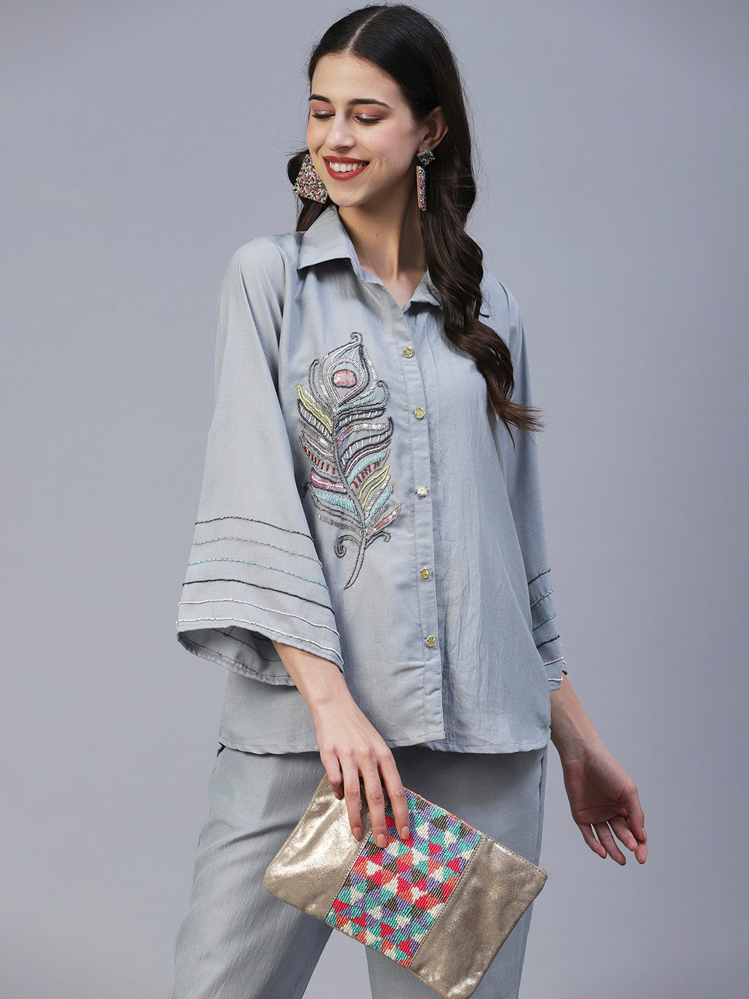 Grey Hand Embroidered Vatican Fabric Readymade Co-Ord Set