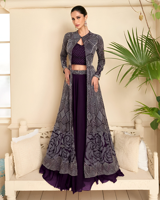 Purple Embroidered Heavy Real Georgette Readymade Lehenga