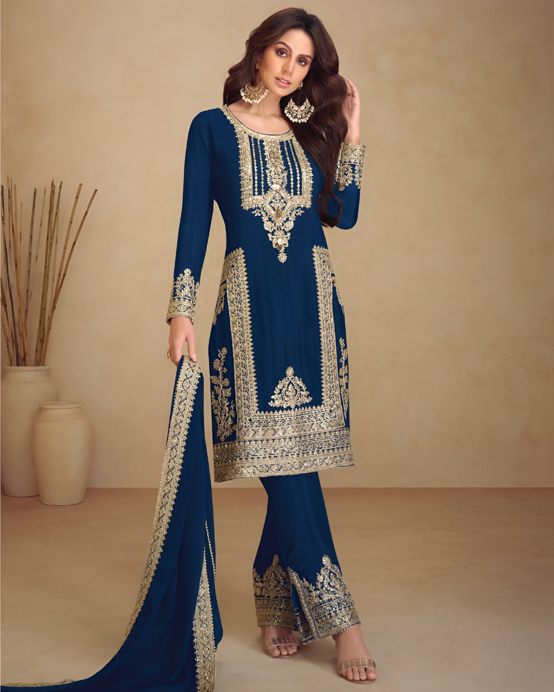 Dark Blue Embroidered Real Chinon Readymade Pakistani Salwar Suit