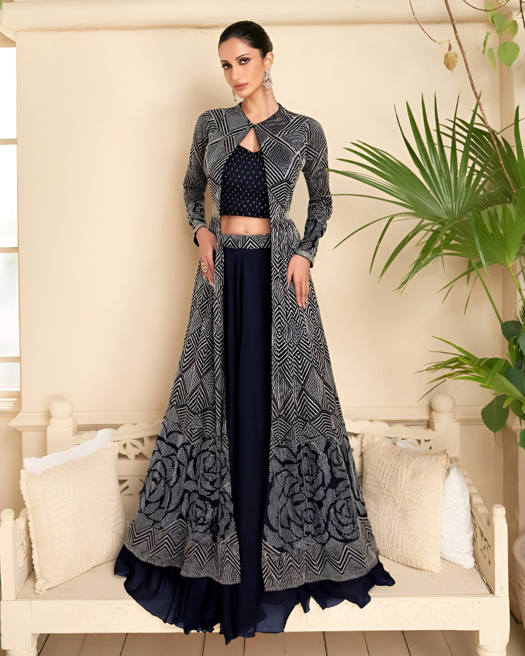 Dark Blue Embroidered Heavy Real Georgette Readymade Lehenga