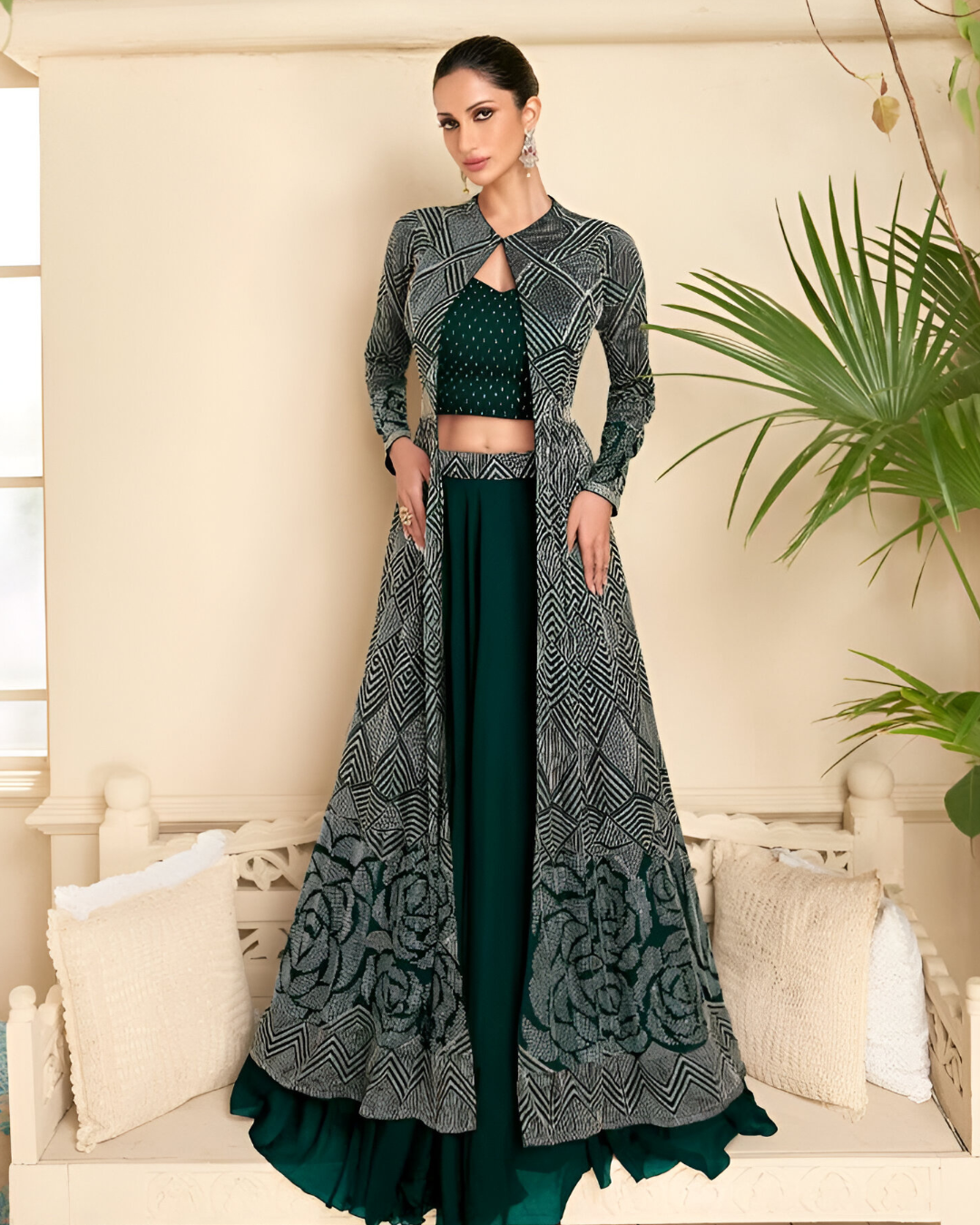 Dark Green Embroidered Heavy Real Georgette Readymade Lehenga