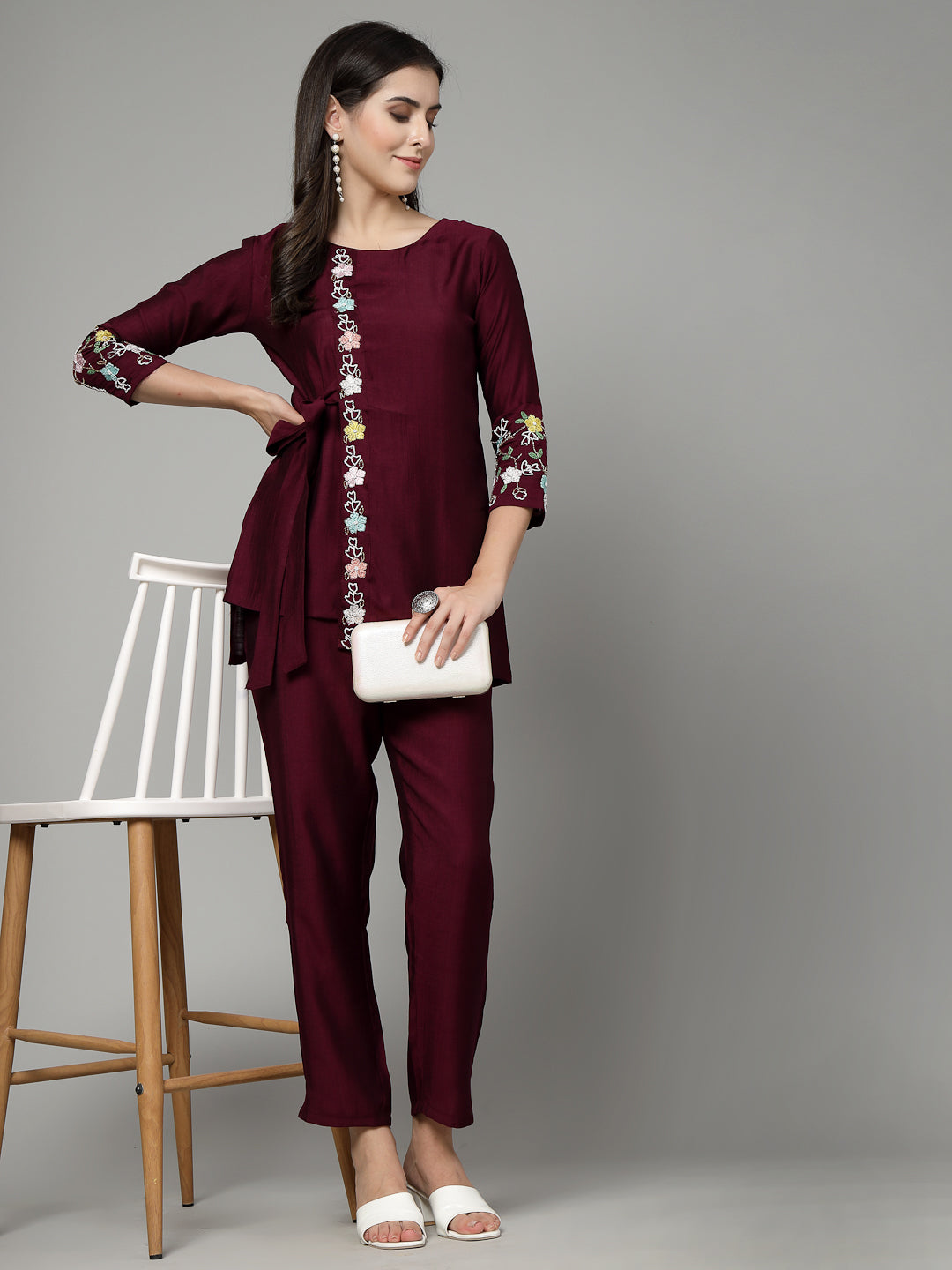 Dark wine Hand Embroidered Viscose Rayon Readymade Co-Ord Set