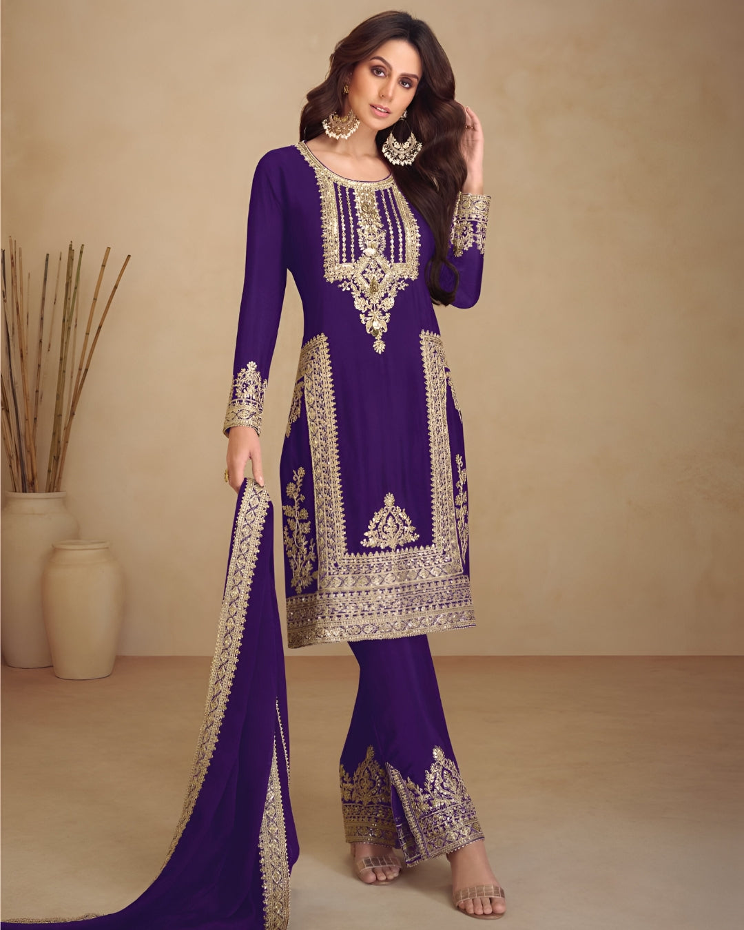 Purple Embroidered Real Chinon Readymade Pakistani Salwar Suit