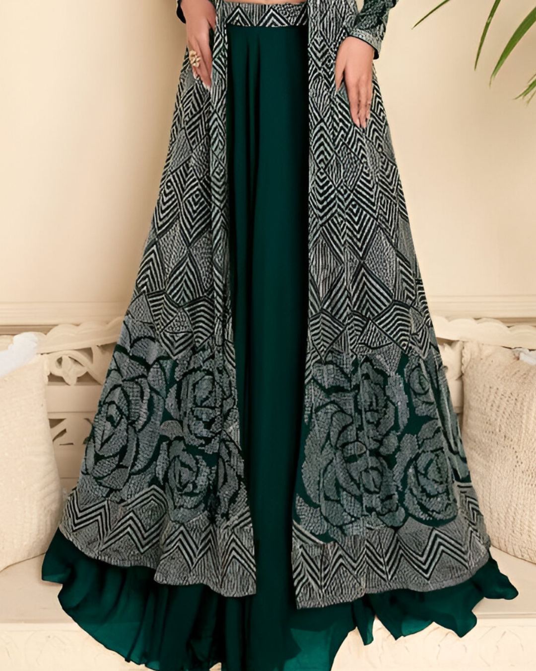 Dark Green Embroidered Heavy Real Georgette Readymade Lehenga