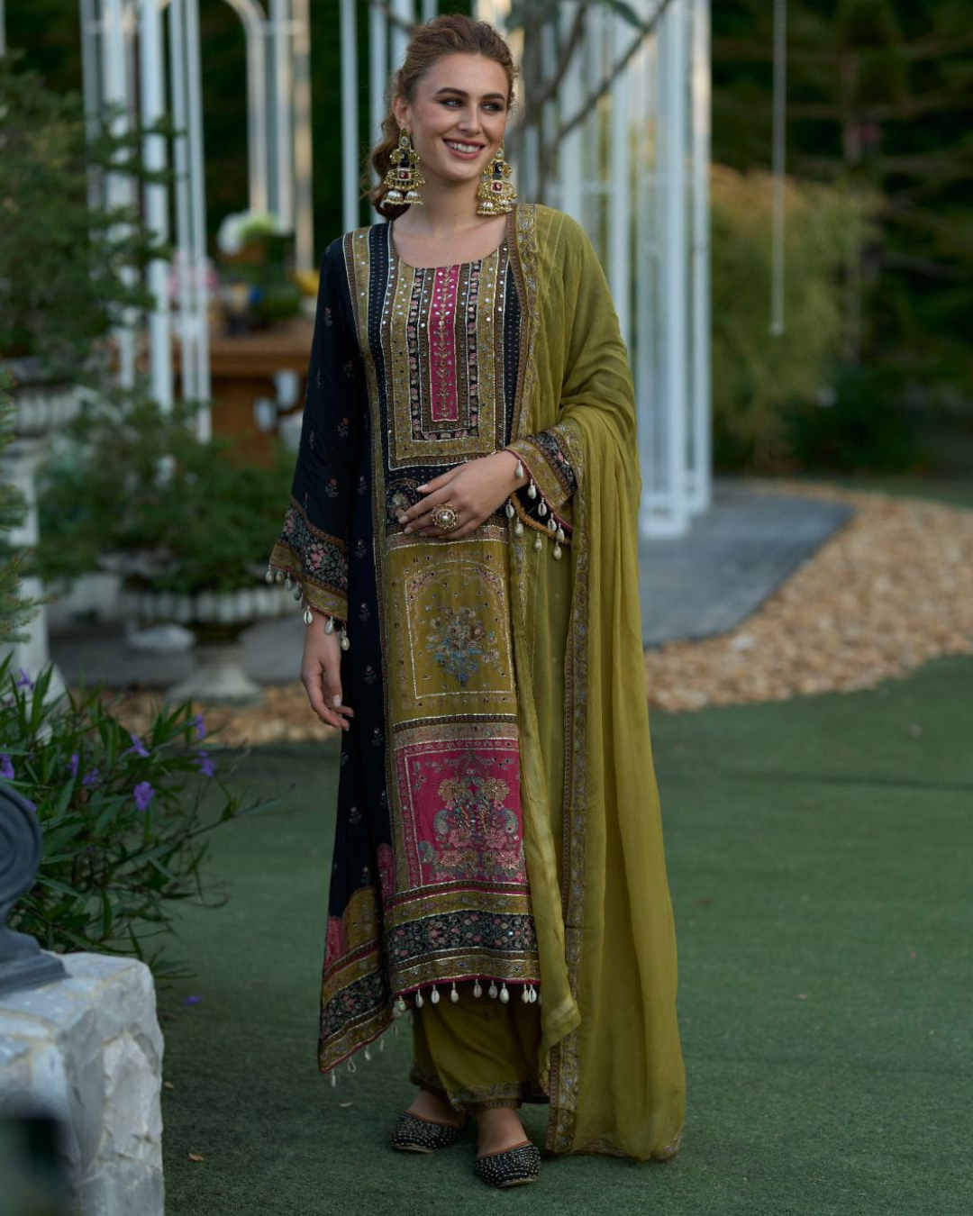 Black And Green Beads Embroidery Pure Crape Readymade Palazzo Set
