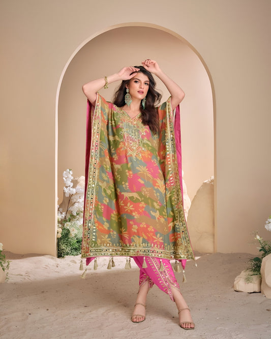 Green Embroidered Georgette Readymade Kaftan Set