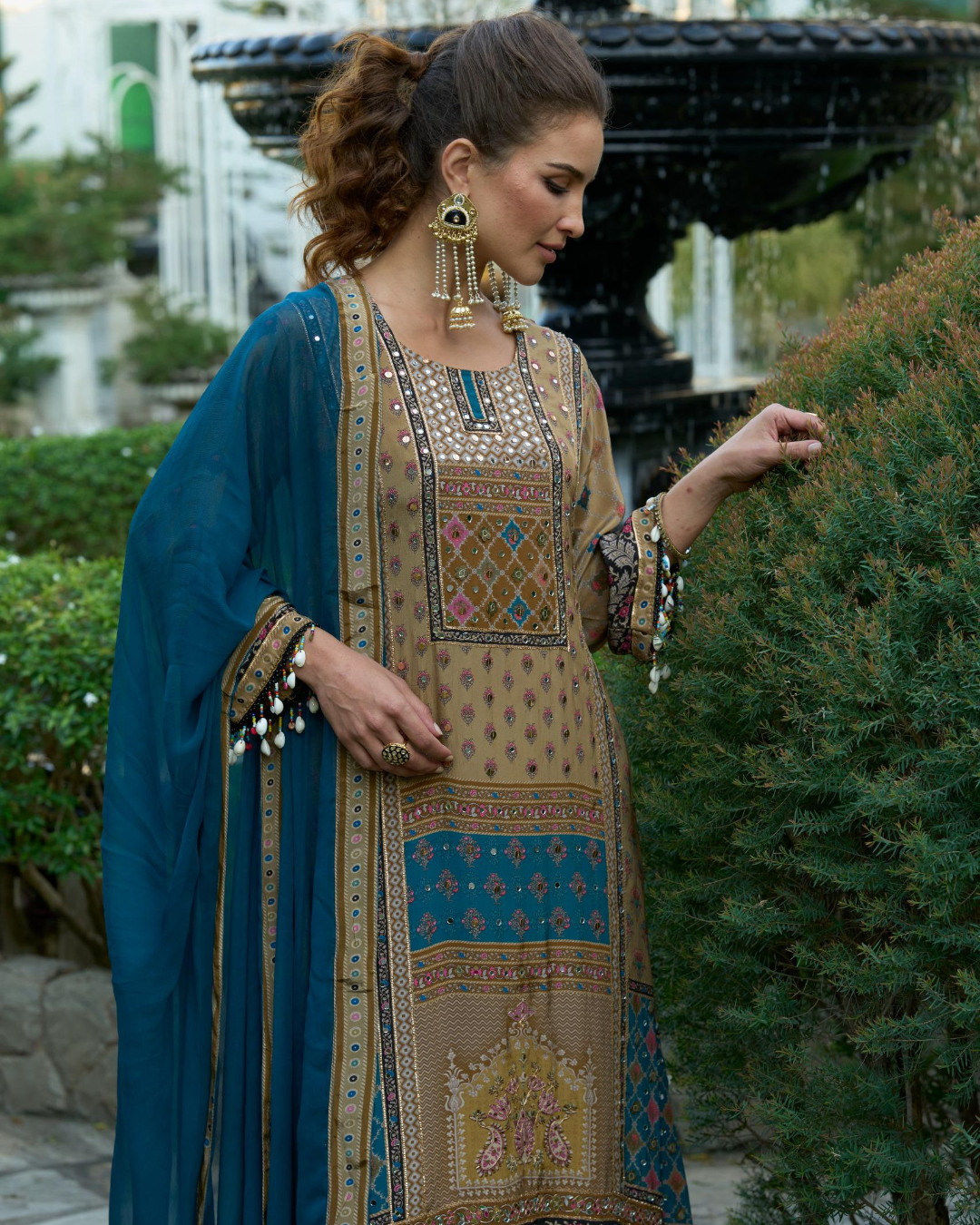 Blue And Cream Beads Embroidery Pure Crape Readymade Palazzo Set