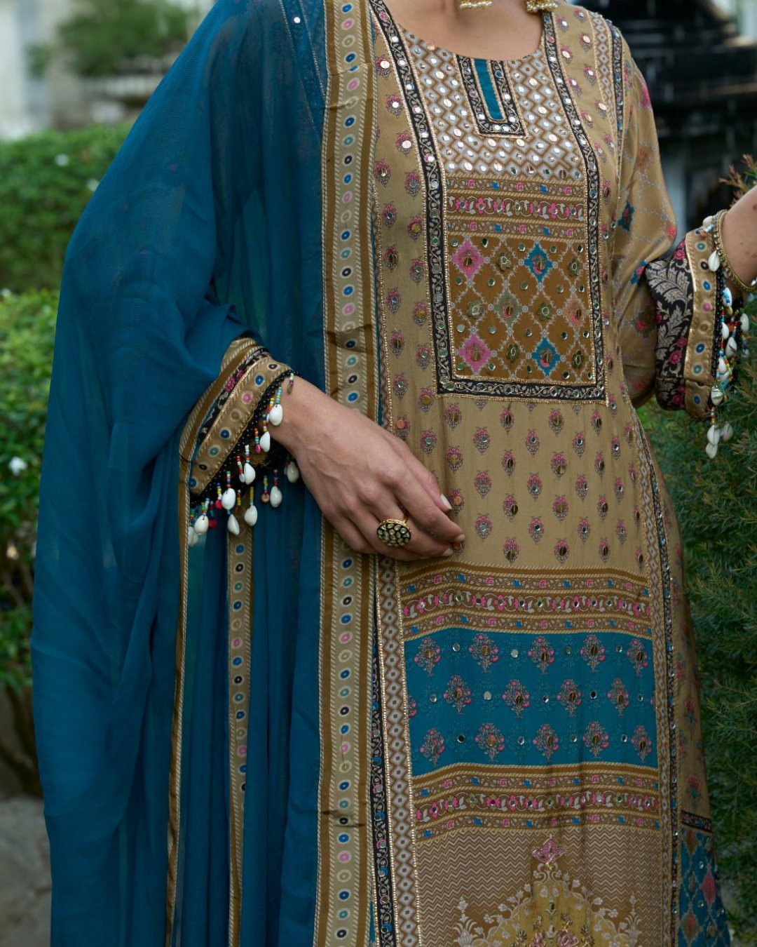Blue And Cream Beads Embroidery Pure Crape Readymade Palazzo Set