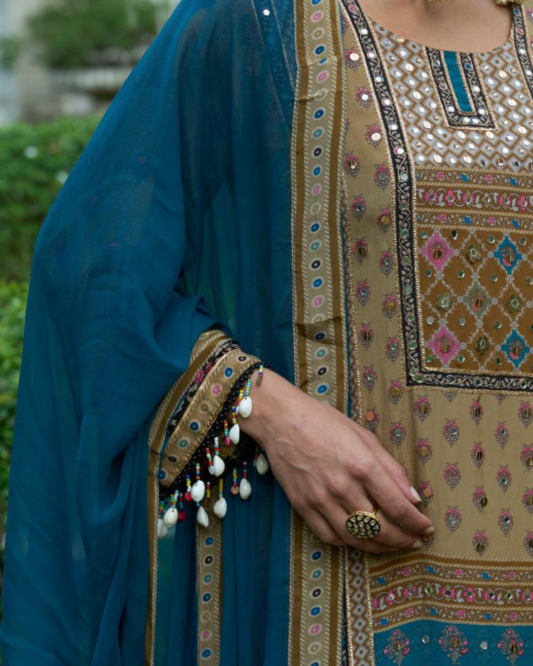Blue And Cream Beads Embroidery Pure Crape Readymade Palazzo Set