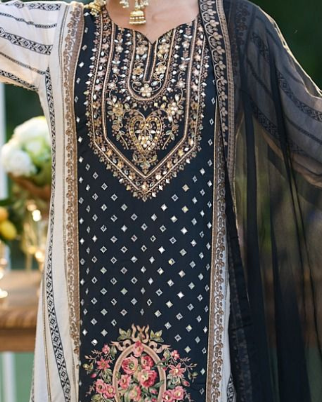 Black And Green Beads Embroidery Pure Crape Readymade Palazzo Set