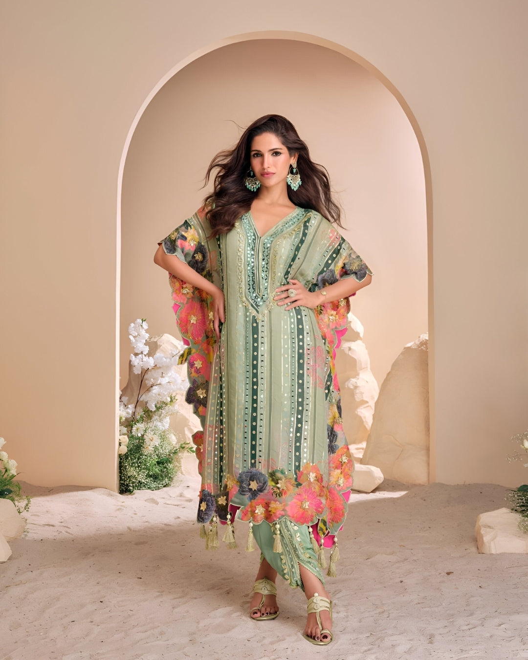 Green Embroidered Georgette Readymade Kaftan Set