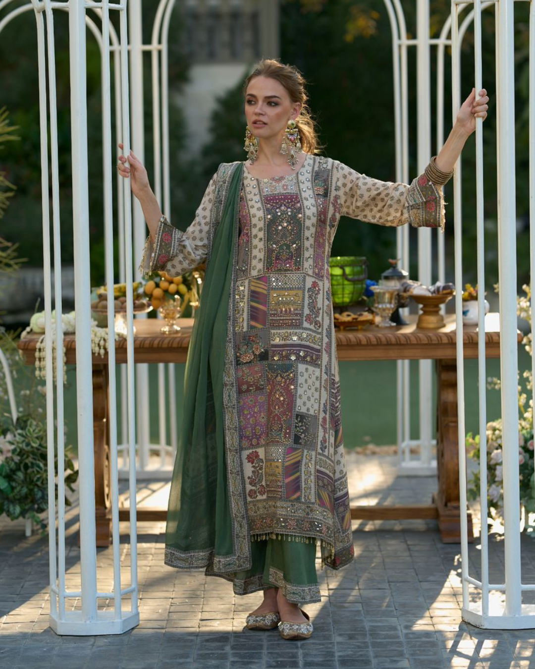 Green And Cream Beads Embroidery Pure Crape Readymade Palazzo Set