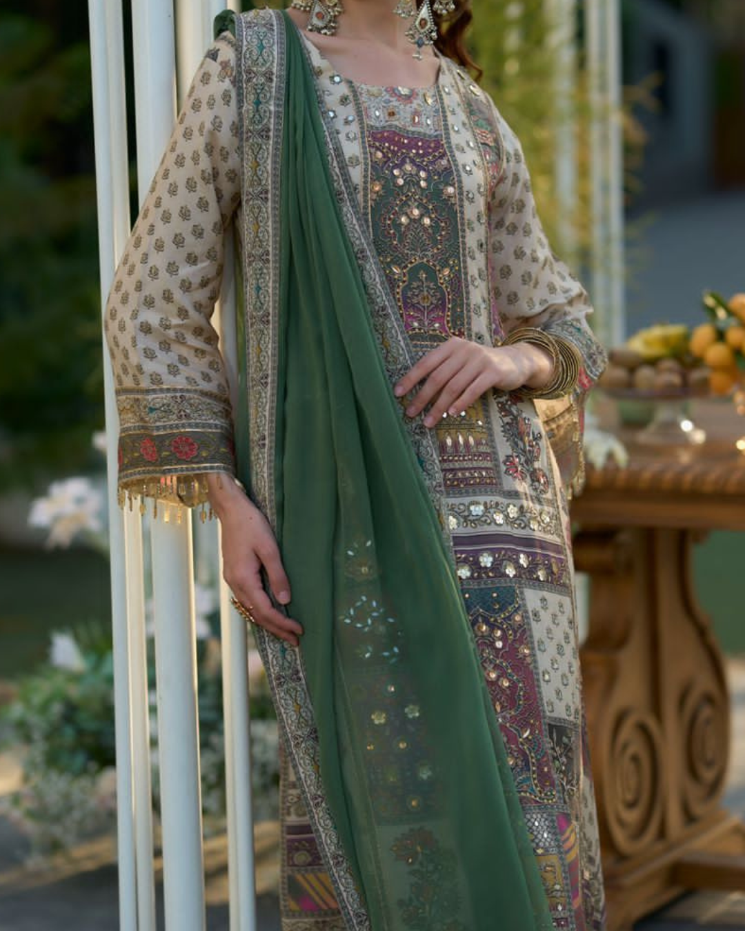 Green And Cream Beads Embroidery Pure Crape Readymade Palazzo Set