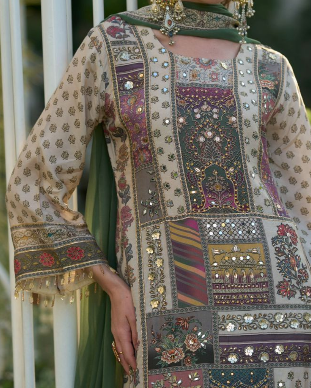 Green And Cream Beads Embroidery Pure Crape Readymade Palazzo Set