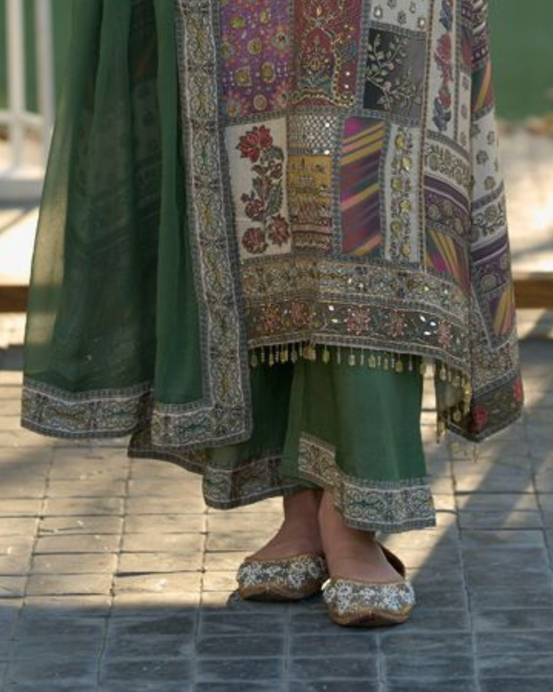 Green And Cream Beads Embroidery Pure Crape Readymade Palazzo Set
