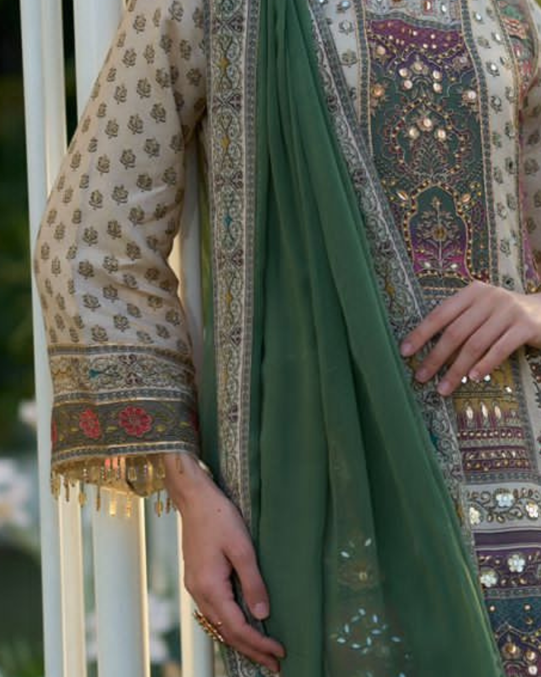 Green And Cream Beads Embroidery Pure Crape Readymade Palazzo Set