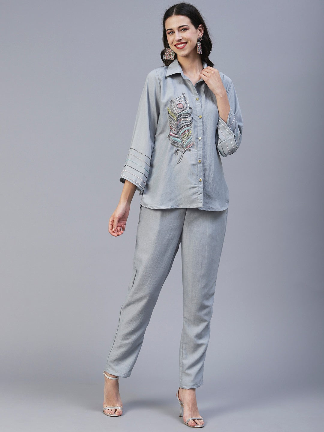 Grey Hand Embroidered Vatican Fabric Readymade Co-Ord Set