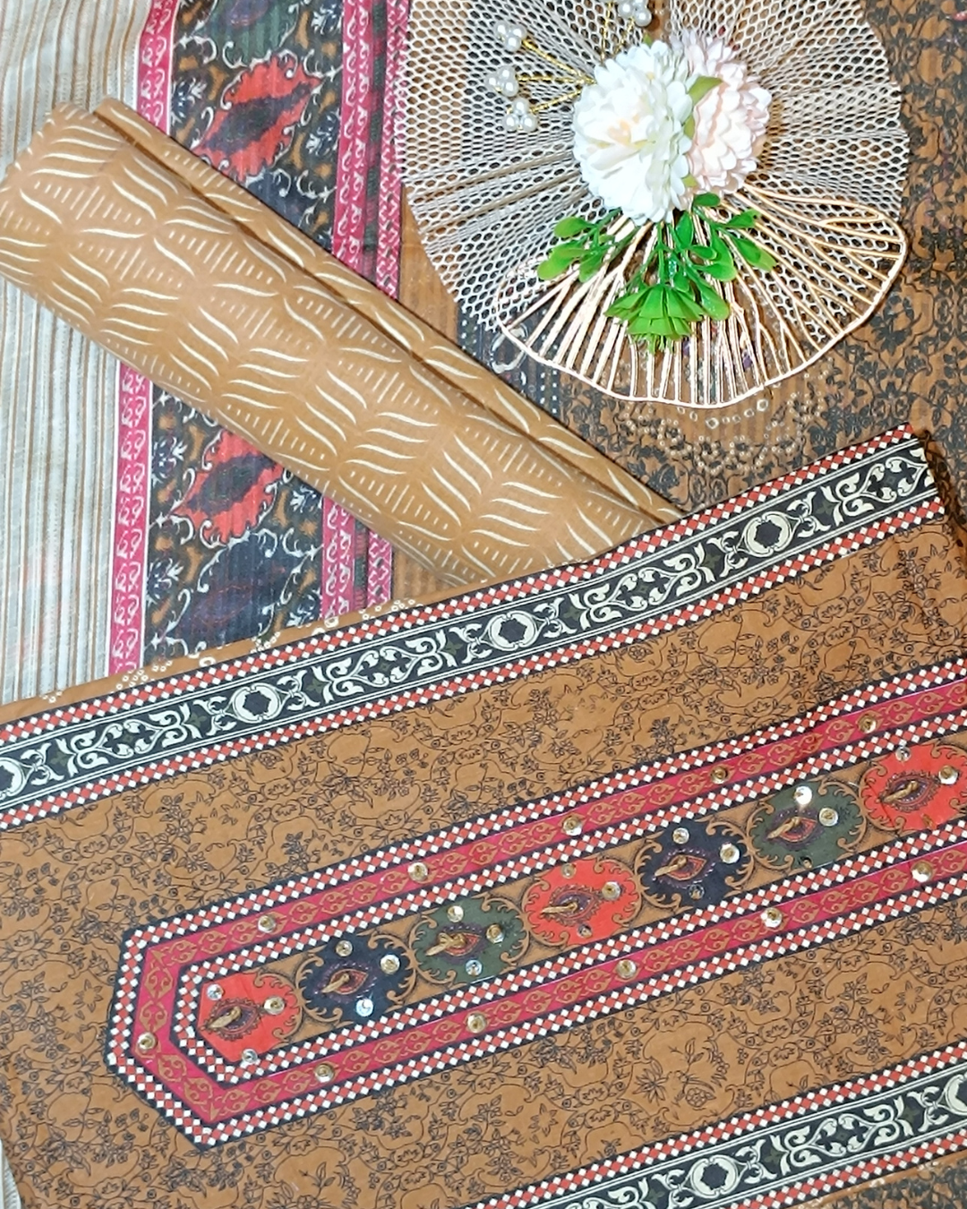Mustard Yellow And Brown Mal Cotton printed fabric Unstitched Salwar Suit