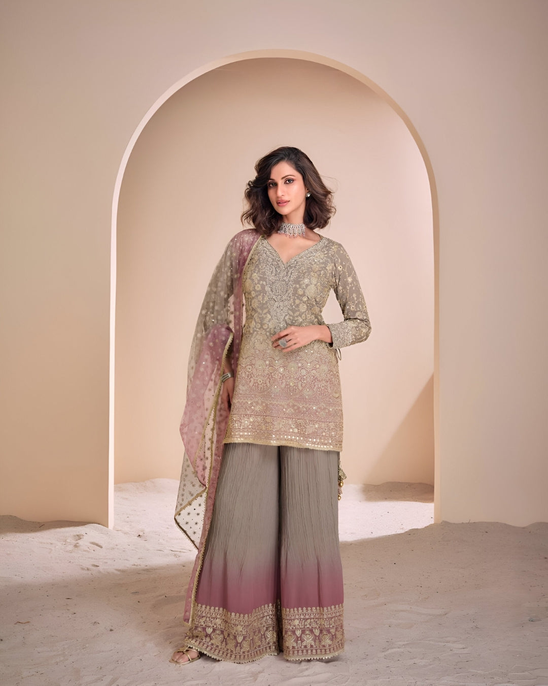 Beige Heavy Embroidered Readymade Sharara Set