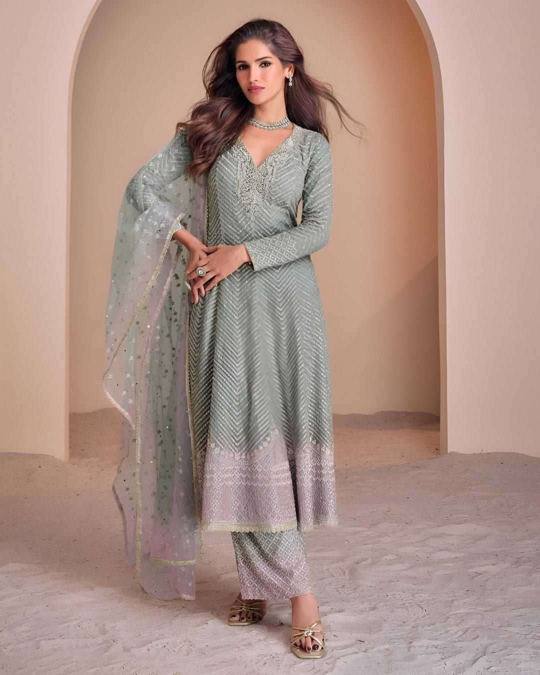 Green Embroidered Georgette Readymade Salwar Suit