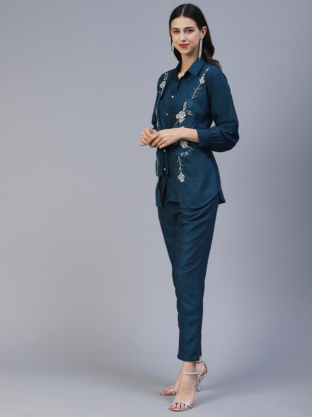 Peacock Blue Hand Embroided Vatican Fabric Ready Co-Ord Set