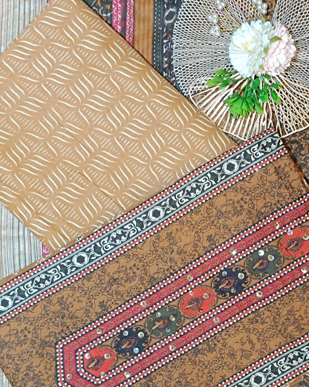 Mustard Yellow And Brown Mal Cotton printed fabric Unstitched Salwar Suit