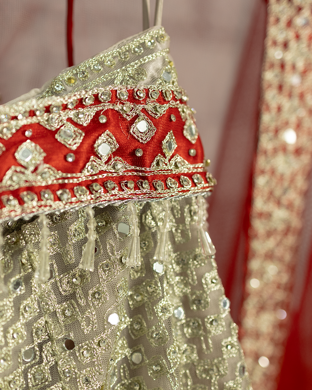 Red Heavy embroidered Netted Readymade Lehenga