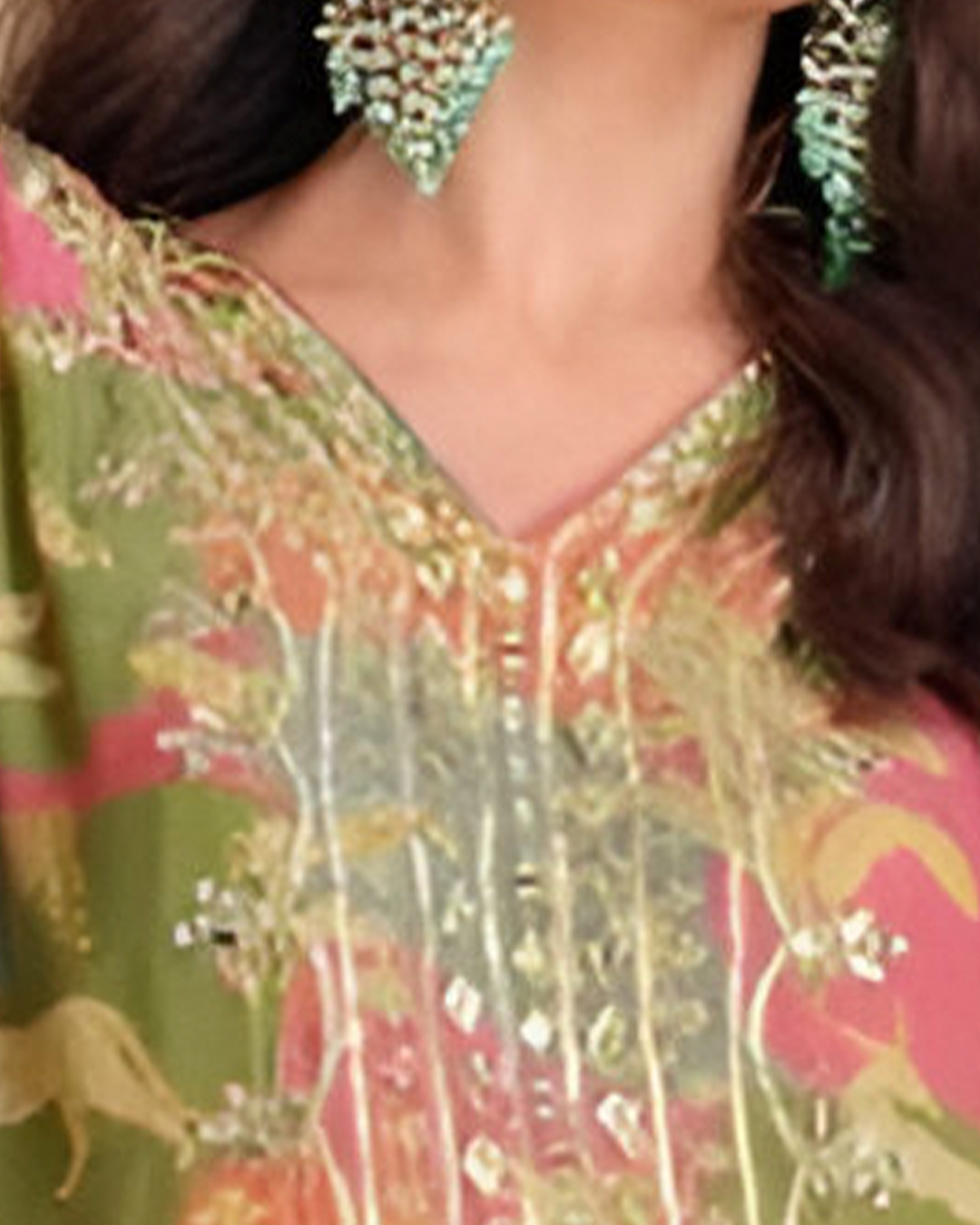 Green Embroidered Georgette Readymade Kaftan Set