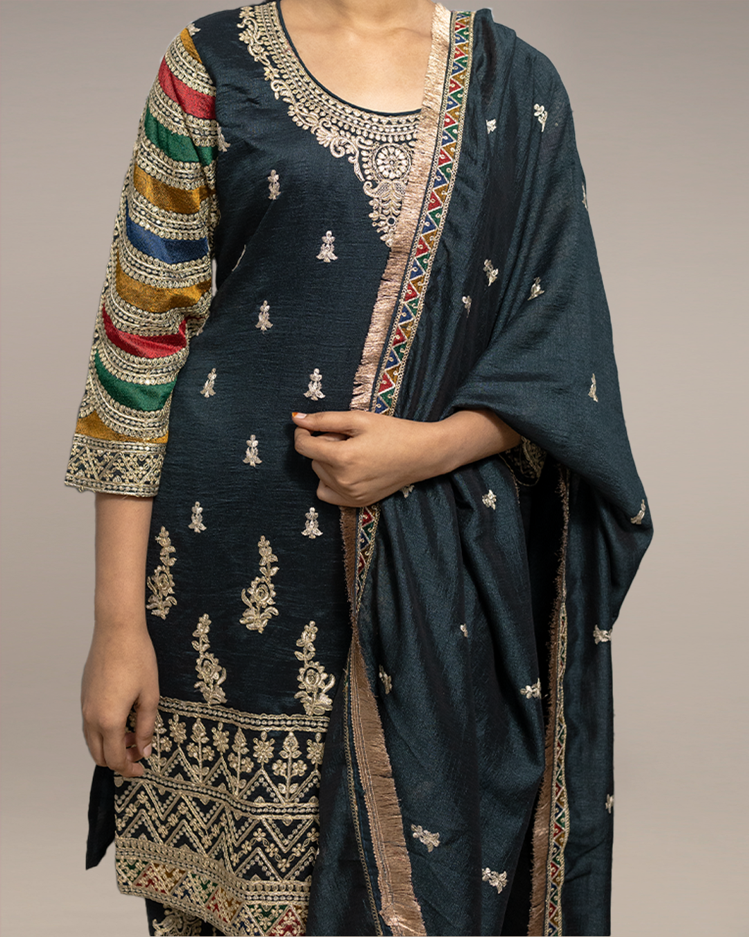 Peacock Green Embroidered Heavy Chinon Readymade Sharara Set