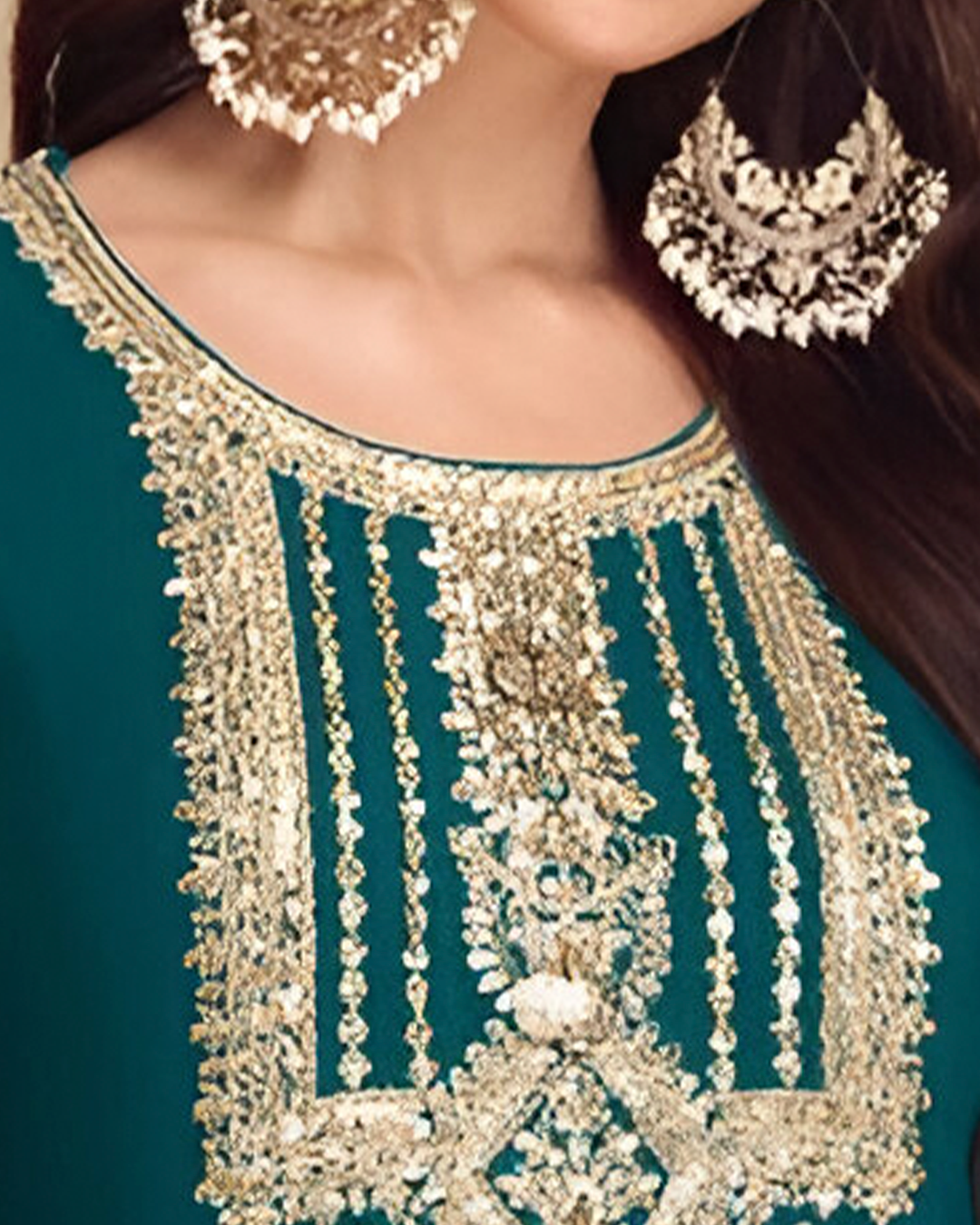 Emerald Teal Embroidered Real Chinon Readymade Pakistani Salwar Suit