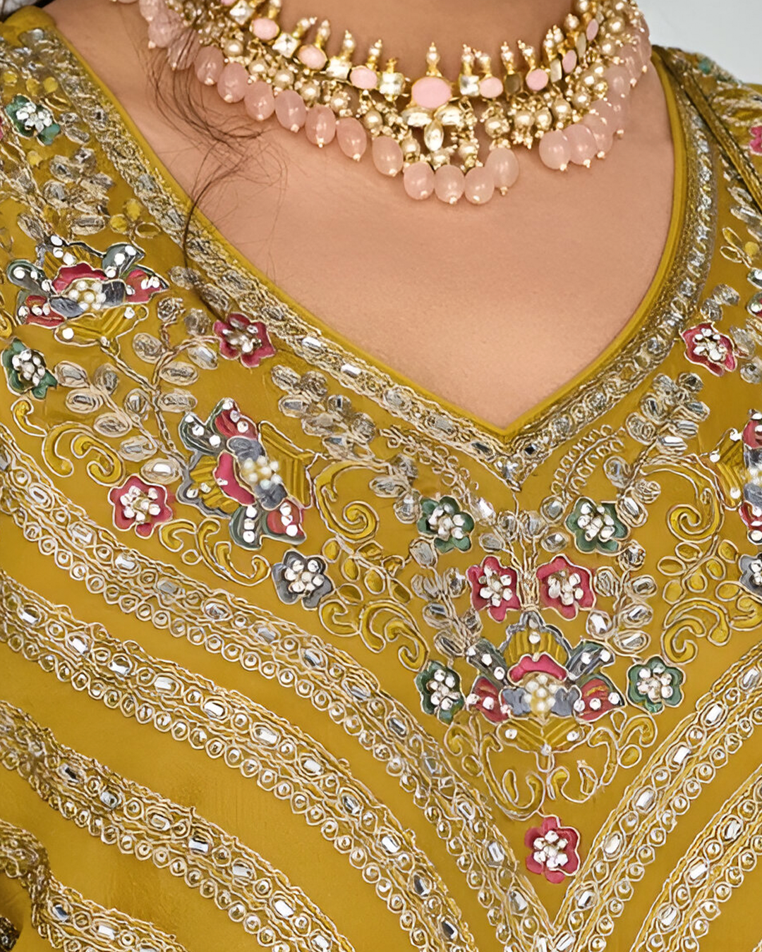 Mustard Yellow Emboidery Heavy Chinon Readymade Sharara Set