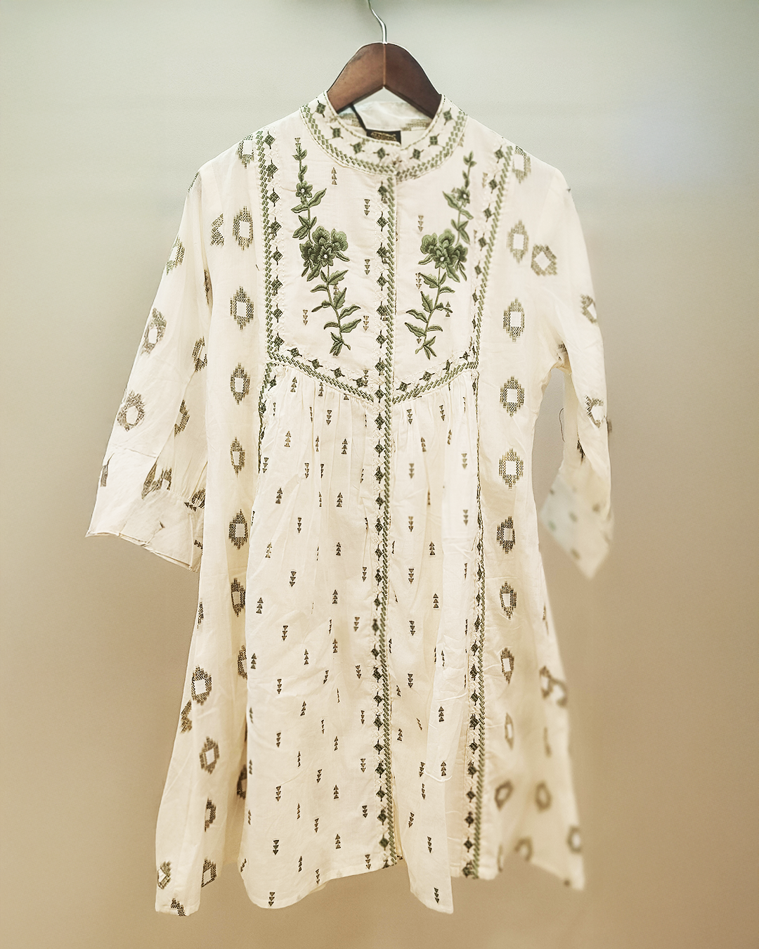 White And Green Pure Cotton Readymade Short Frocks