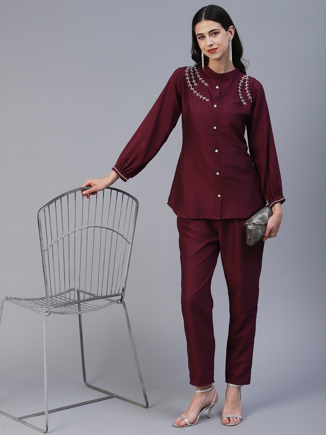 Wine Color Hand Embroided Vatican Fabric Ready Co-Ord Set