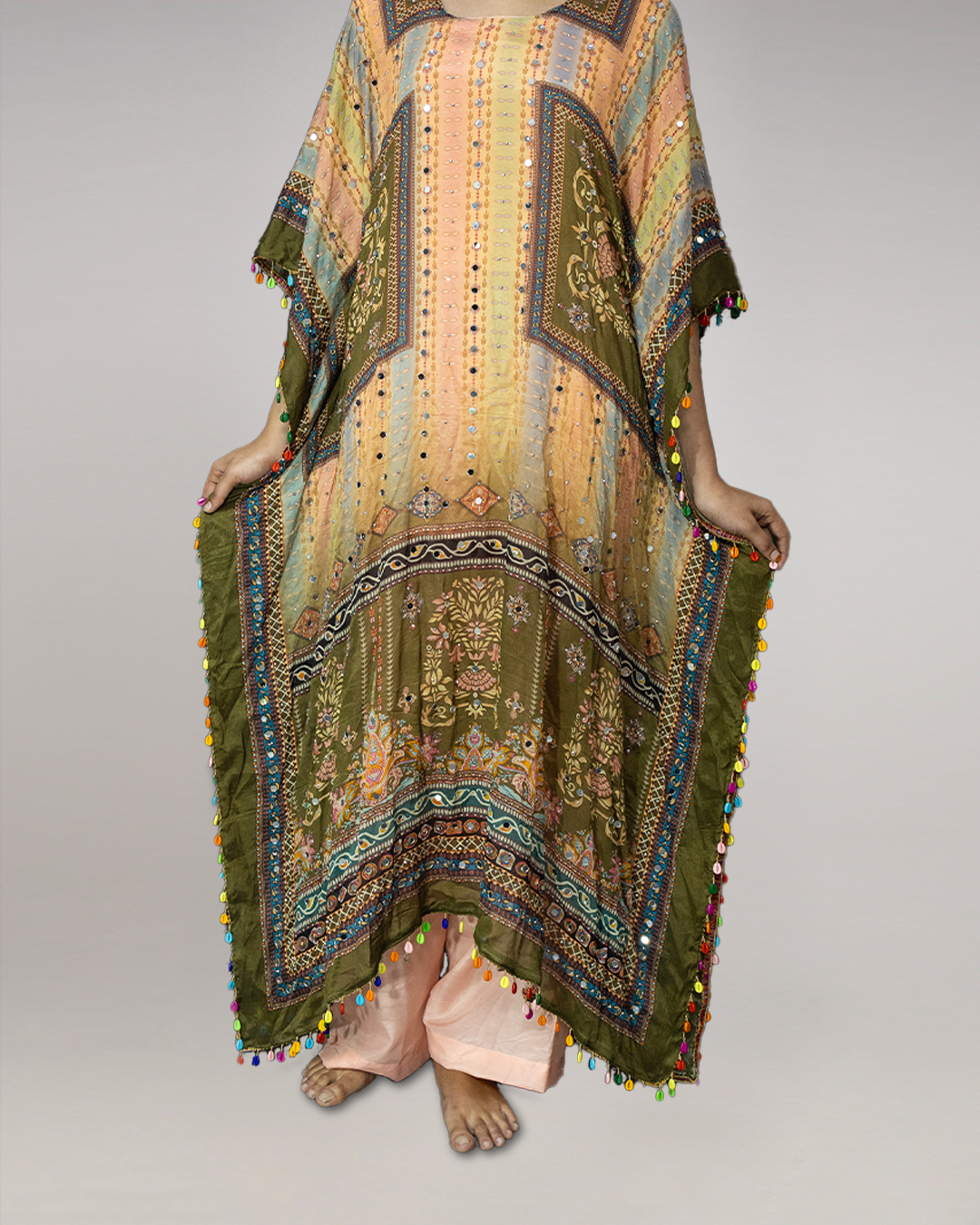 Multicolour Mirror Work Georgette Readymade Kaftan Set