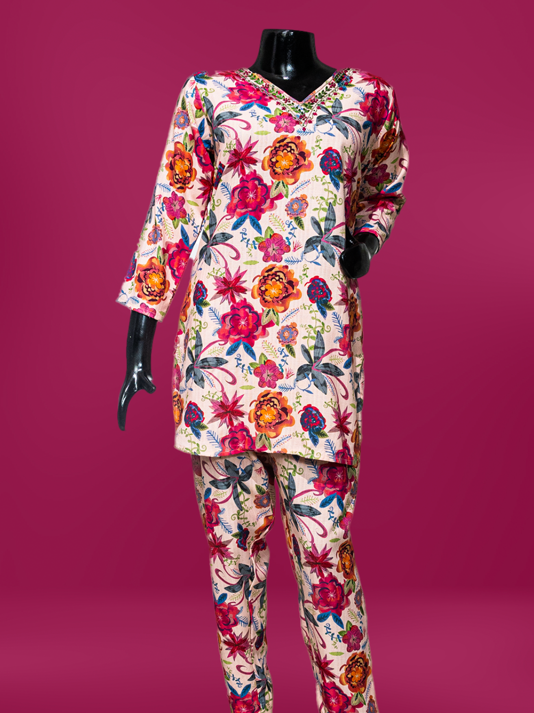 Light Pink Floral Printed Chanderi Silk Readymade Co-Ord Set