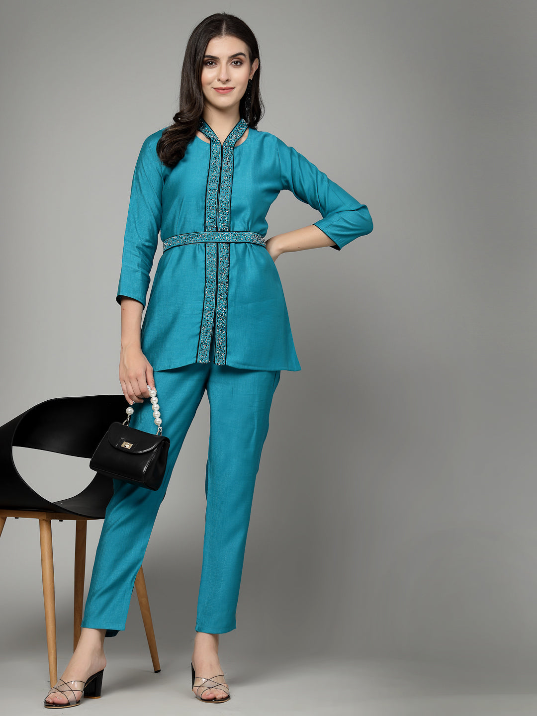 Sky Blue Hand Embroidered Color Viscose Rayon Ready Made Co-Ord Set