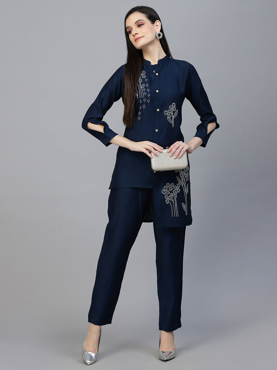 Blue Hand Embroidered Viscose Rayon Ready Made Co-Ord Set