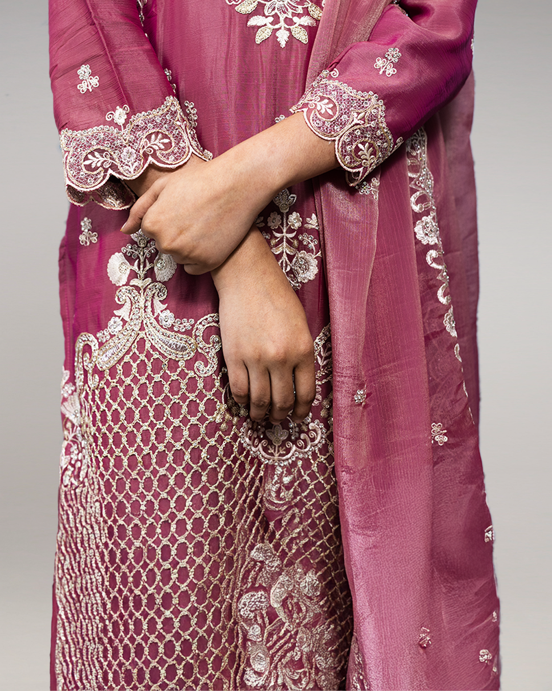 Dark Peach Embroidered Burberry Chiffon Readymade Sharara Set