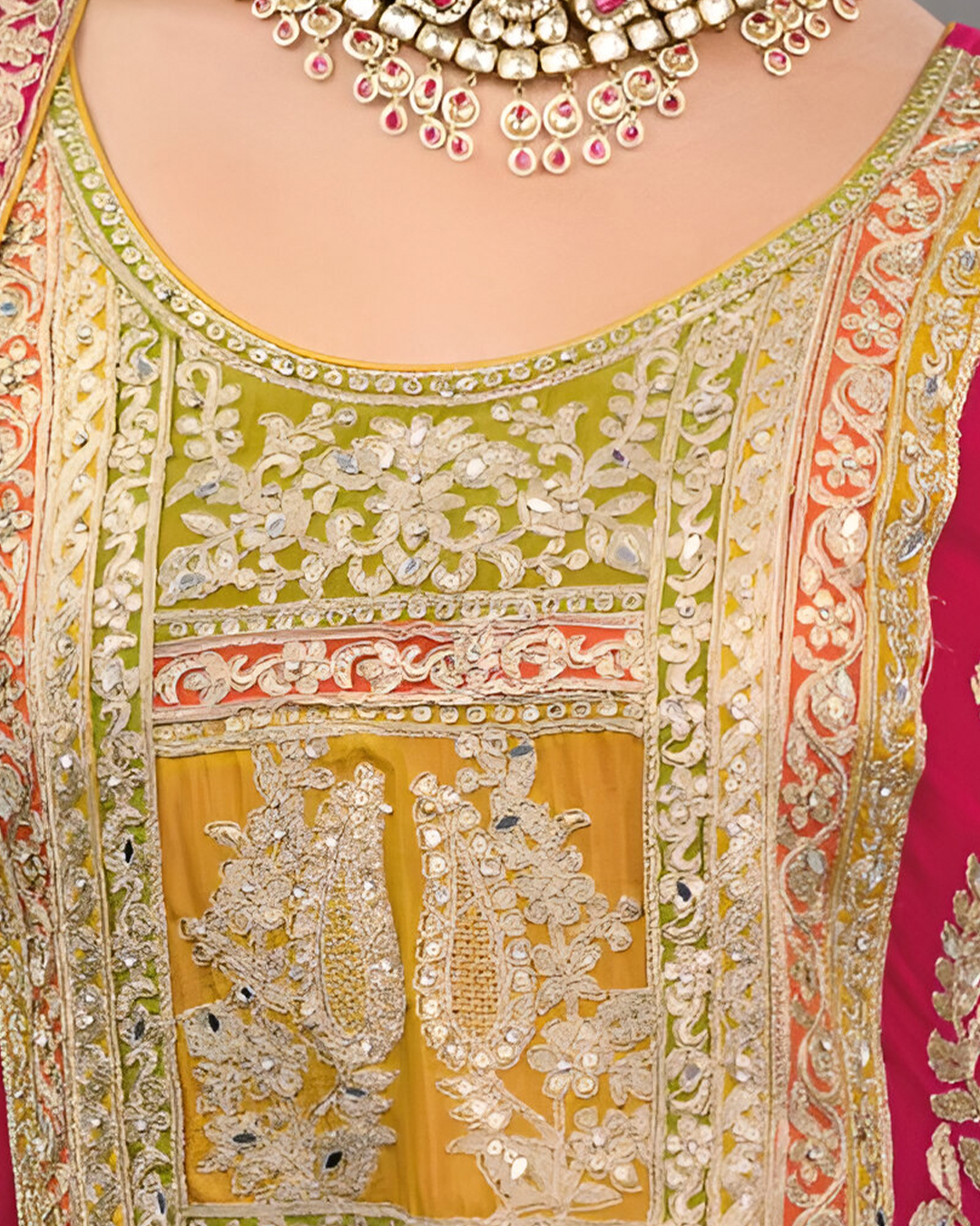 Multicolour Pink Embroidered Heavy Chinon Readymade Sharara Set