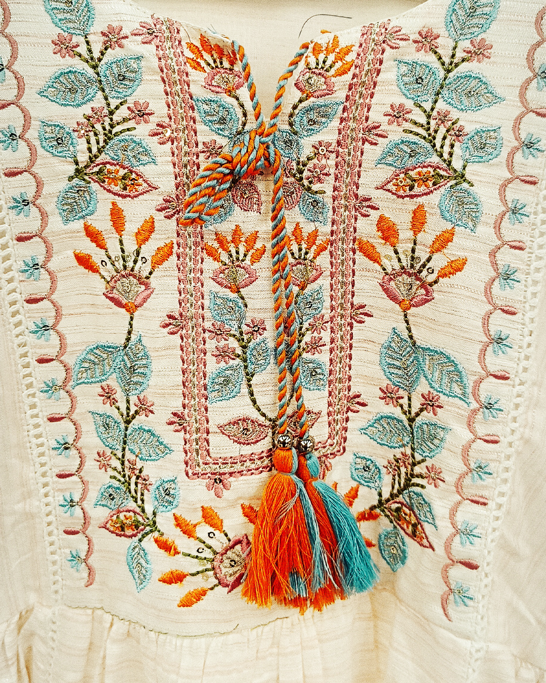 White And Orange Pure Cotton Readymade Short Frocks