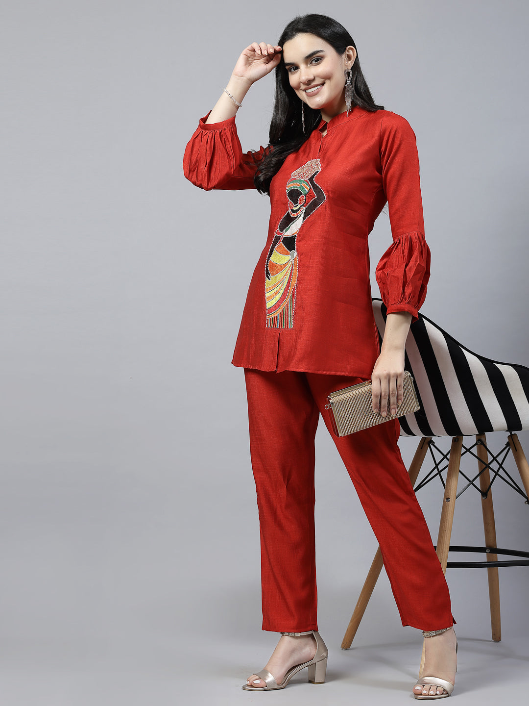 Red Color Hand Embroidered Pure Cotton Ready Made Co-Ord Set