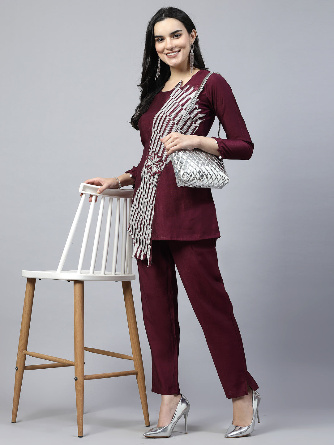 Wine Color Hand Embroidered Pure Cotton Ready Made Co-Ord Set