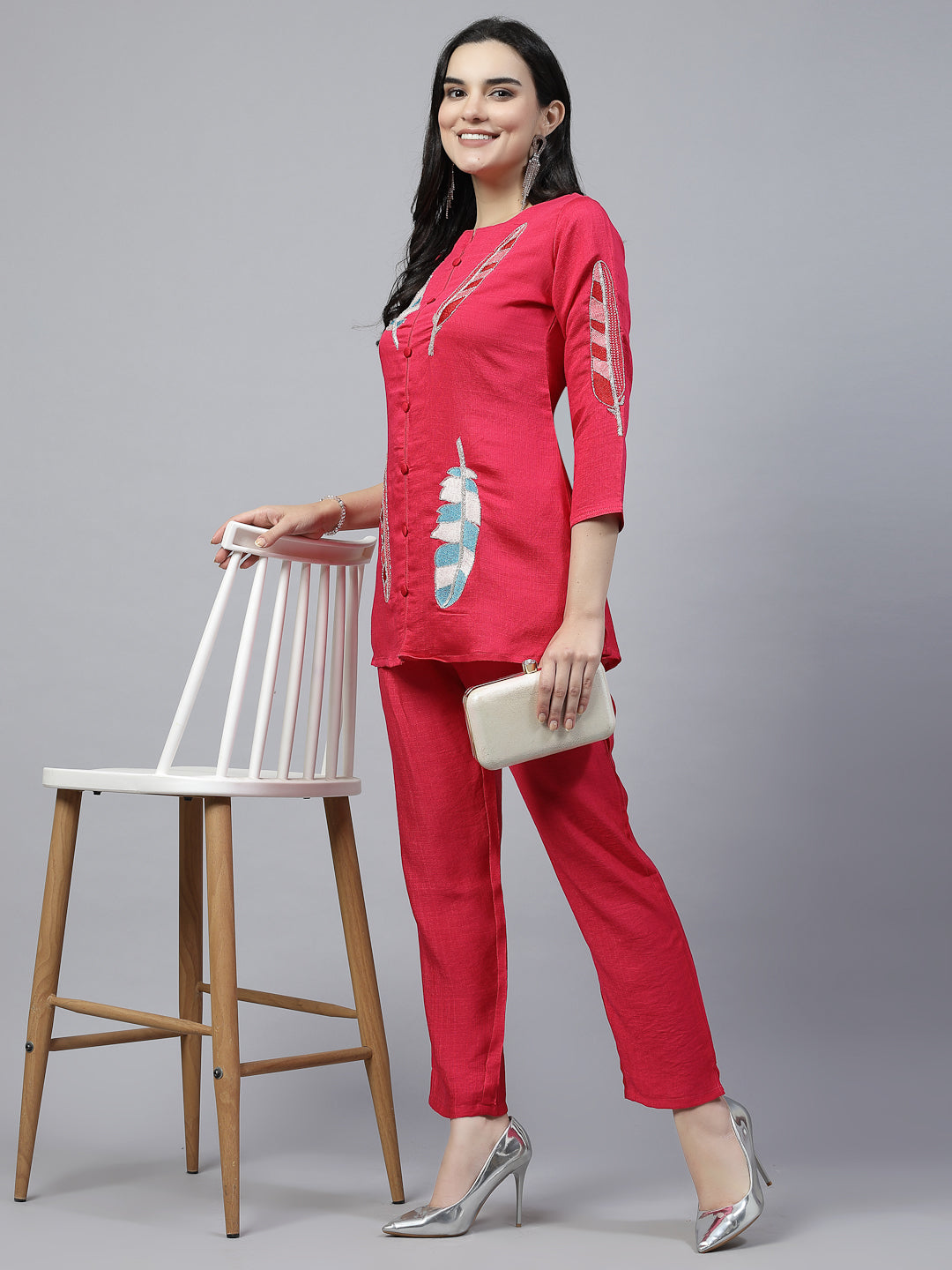 Rani Color Hand Embroidered Pure Cotton Ready Made Co-Ord Set