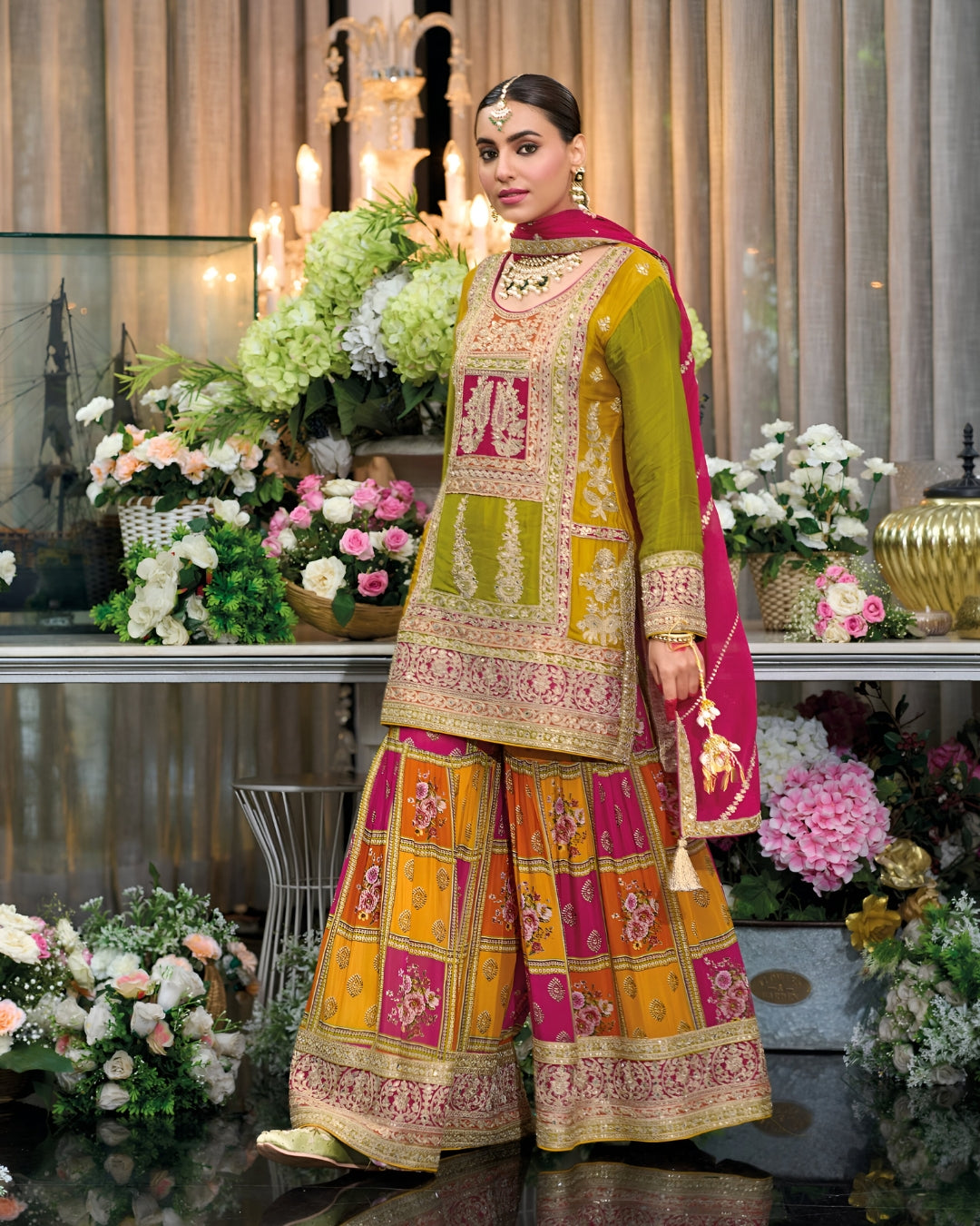 Multicolour Green Embroidery Heavy Chinon Readymade Sharara Set